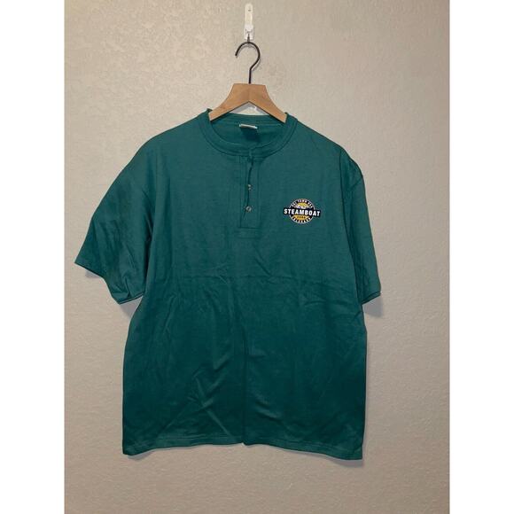Vintage Skiing Shirt USA Colorado Steamboat Green Quarter Button Tee Large - Picture 1 of 9